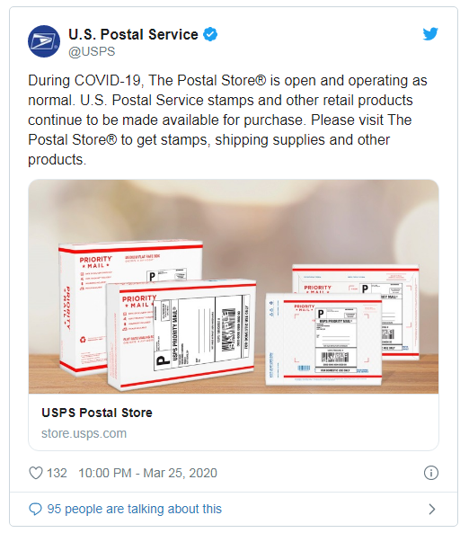 USPS在COVID-19爆发期间发布有关邮件服务的声明