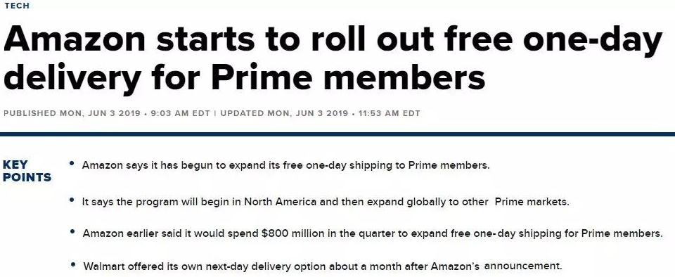 starts to roll out free one-day delivery for Prime members